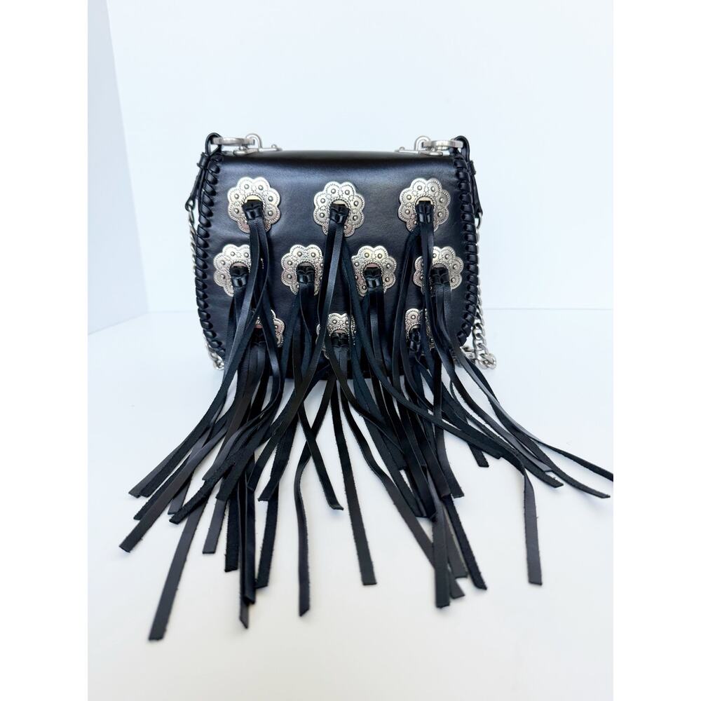 Prada Black Leather Fringe Crossbody Silver Chain Western Concho Stud Whipstitch